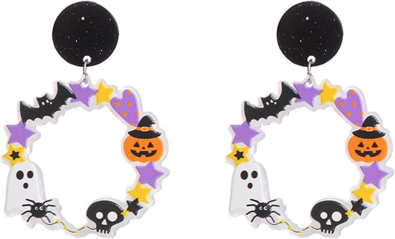 Colorful Halloween Resin Acrylic Dangle Earrings Cute Pumpkin Ghost Cat Bat Eye Spider Earrings for Women Girls Jewelry